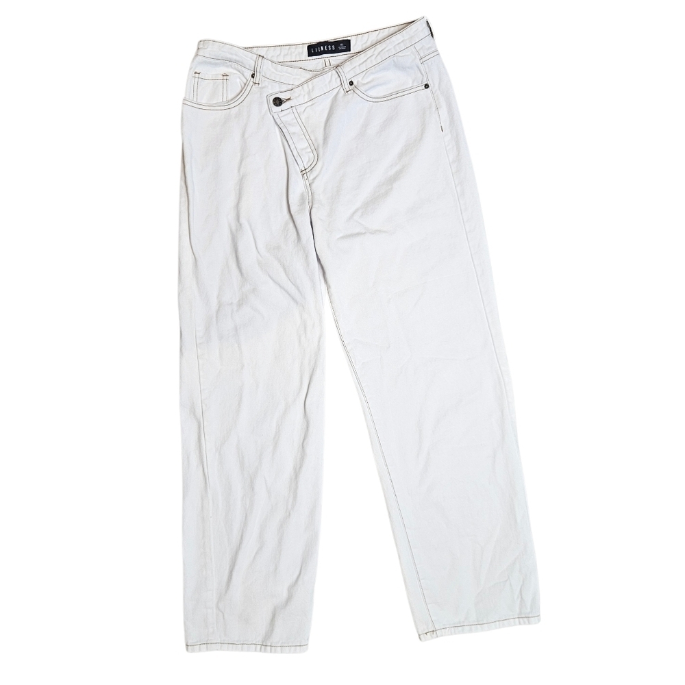 Lioness White Straight Leg Jeans XL | Offset Button Fly | 100% Cotton